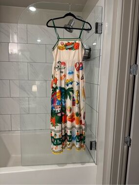 Tropical Print Midi Dress with Green Trim